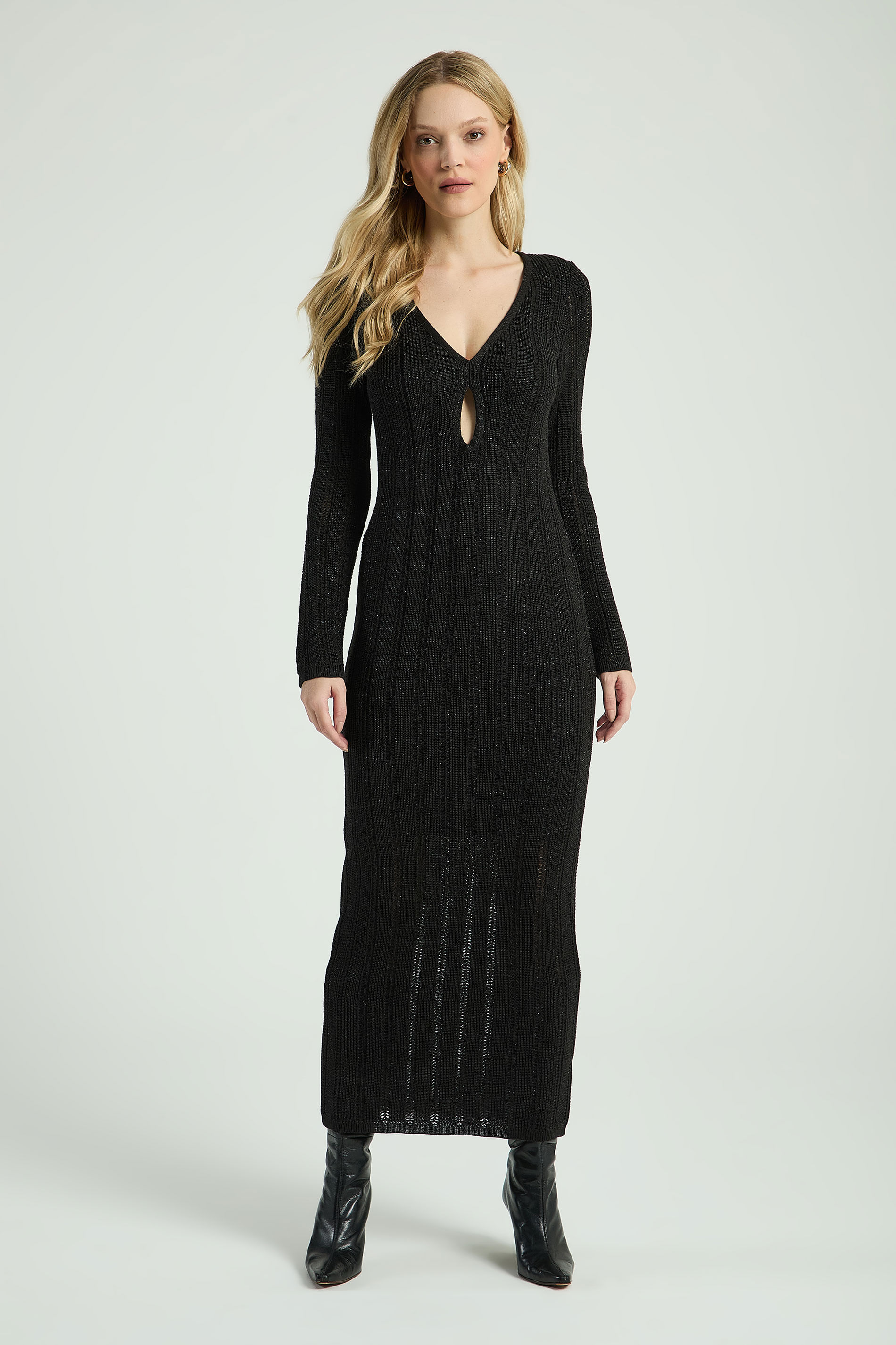 VESTIDO LONGO EM TRICOT DECOTE GOTA-PRETO / LUREX PP - PRETO / LUREX - 307352