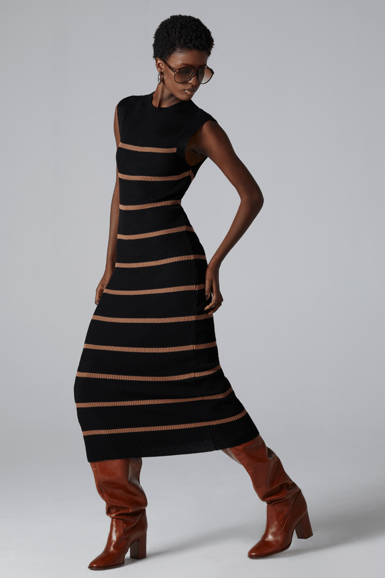 VESTIDO LONGO EM TRICOT-PRETO / BEGE ESCURO M - PRETO / BEGE ESCURO - 312599