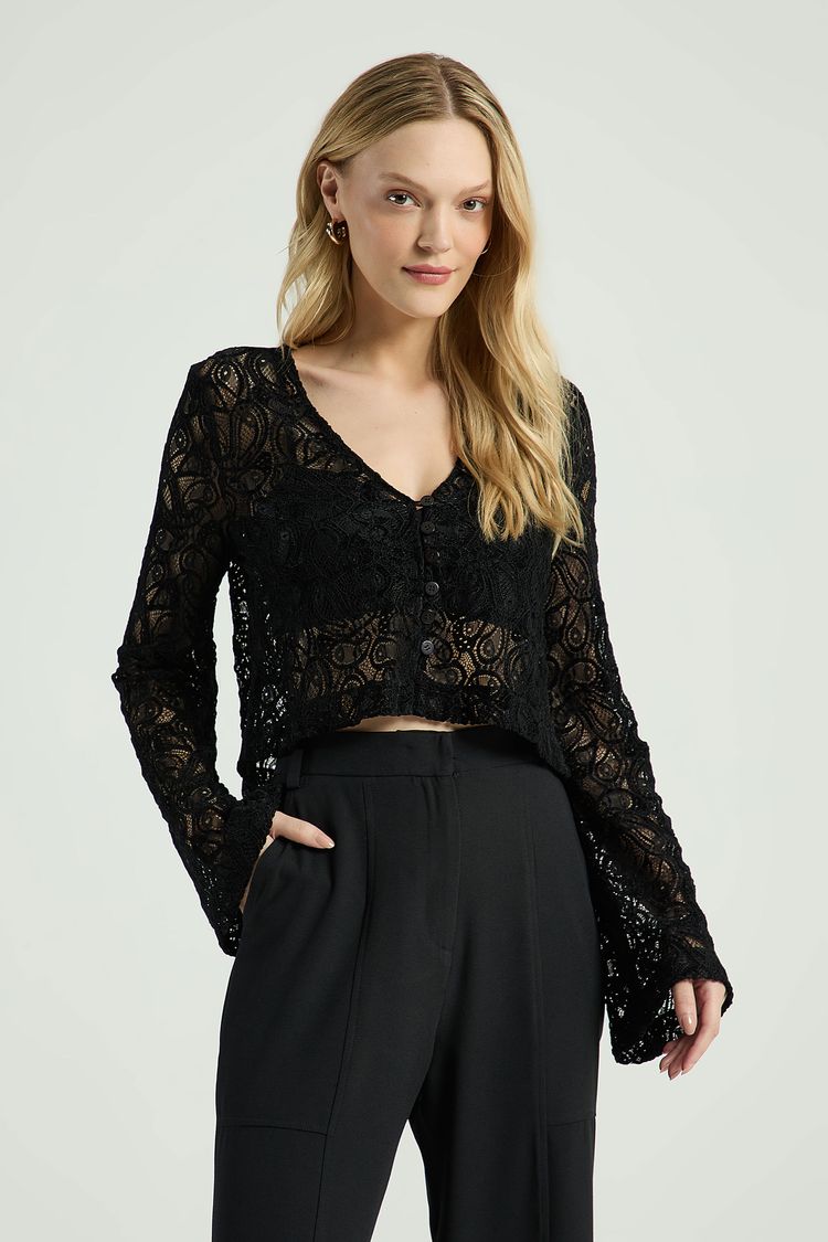 BLUSA RENDA MG COMPRIDA-PRETO P - PRETO - 312889