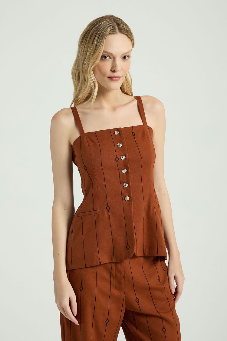 BLUSA ALONGADA LINHO BORDADO-CARAMELADO / PRETO GG - CARAMELADO / PRETO - 313773