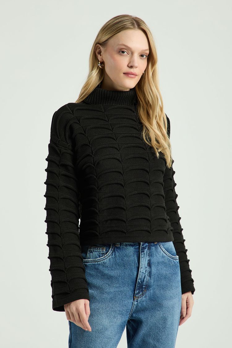 BLUSA EM TRICOT COM PONTO TRABALHADO-PRETO P - PRETO - 313949