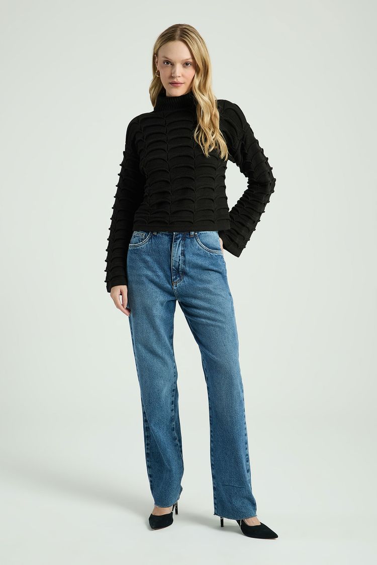 BLUSA EM TRICOT COM PONTO TRABALHADO-PRETO P - PRETO - 313951