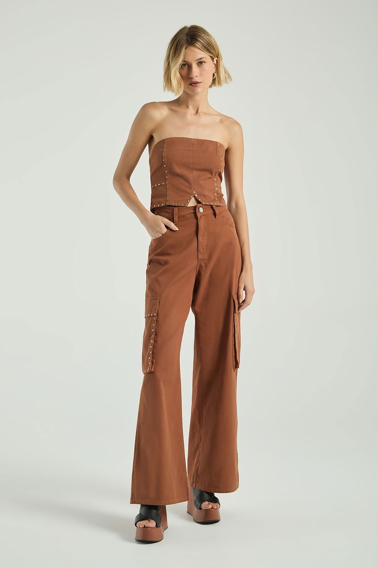 CALÇA MODELO CARGO COM TERMOCOLANTE EM SARJA - BEGE ESCURO 42 - BEGE ESCURO - 314109