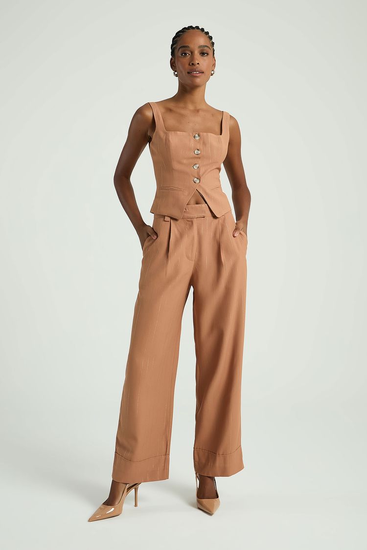 CALÇA RISCA DE GIZ BAINHA VIRADA-BEGE ESCURO G - BEGE ESCURO - 314224
