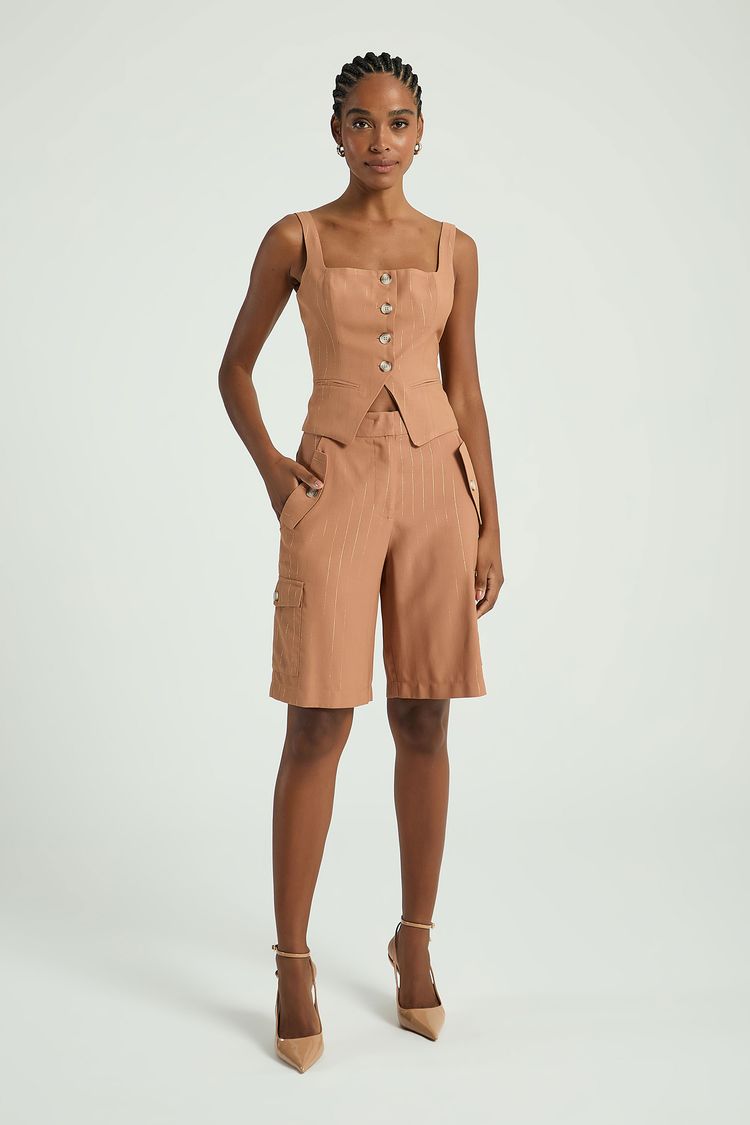 BERMUDA RISCA GIZ LUREX - BEGE ESCURO M - BEGE ESCURO - 314239