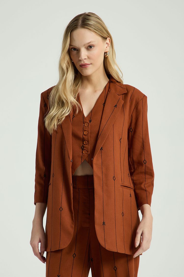 BLAZER LINHO OVERSIZE BORDADO - BEGE ESCURO PP - BEGE ESCURO - 314269