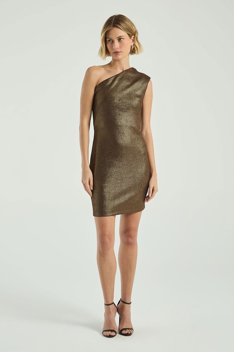 VESTIDO CURTO 01 OMBRO-DOURADO / MARROM PP - DOURADO / MARROM - 314327