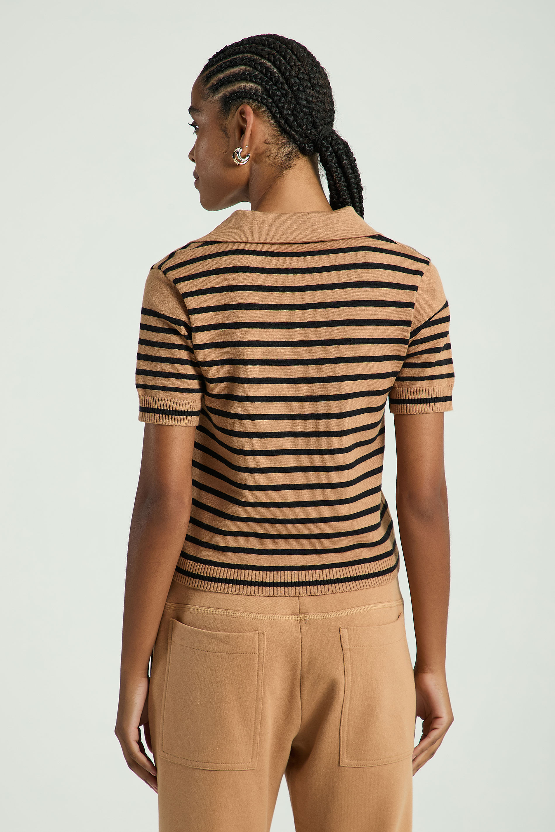 BLUSA POLO LISTRAS TRICOT-BEGE ESCURO / PRETO M - BEGE ESCURO / PRETO - 314759