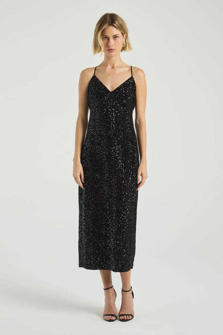 VESTIDO MIDI PAETÊ VELUDO-PRETO PP - PRETO - 314779