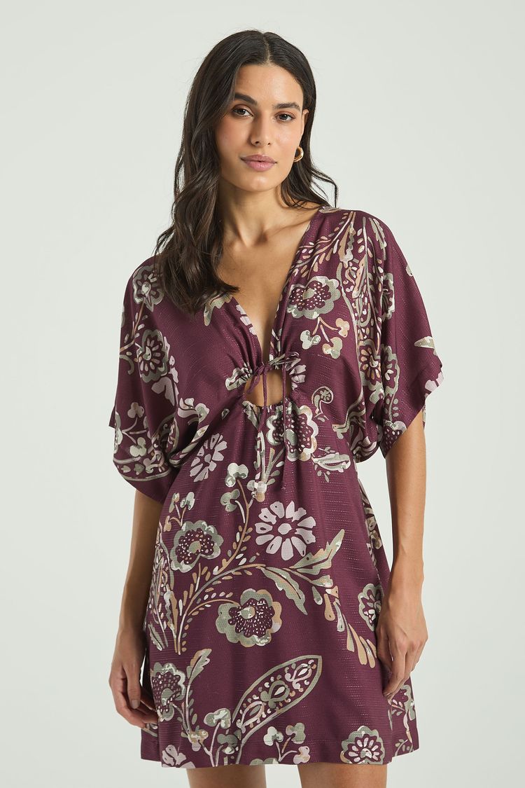 VESTIDO ESTAMPADO COM ARGOLA E AMARRAÇÃO FRONTAL-EST CASHMERE PINCELADO PP - EST CASHMERE PINCELADO - 315034