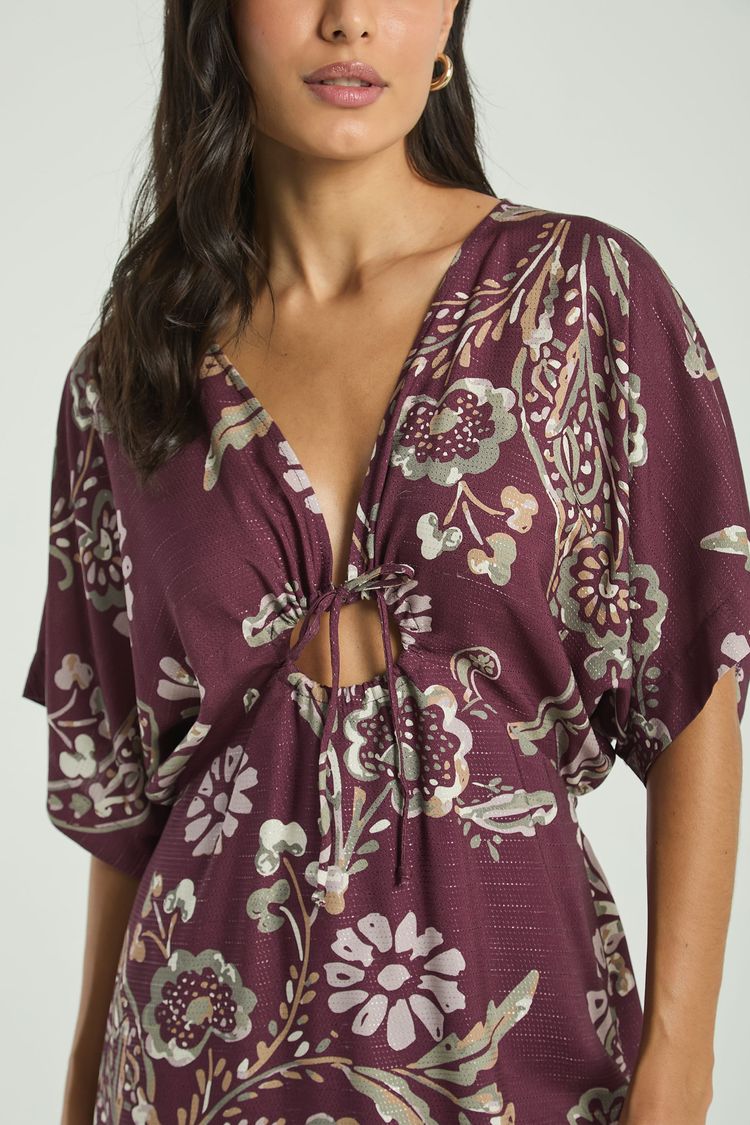 VESTIDO ESTAMPADO COM ARGOLA E AMARRAÇÃO FRONTAL-EST CASHMERE PINCELADO PP - EST CASHMERE PINCELADO - 315036