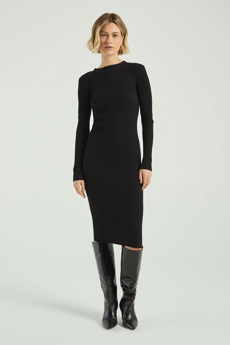 VESTIDO EM TRICOT MANGA LONGA-PRETO P - PRETO - 315226