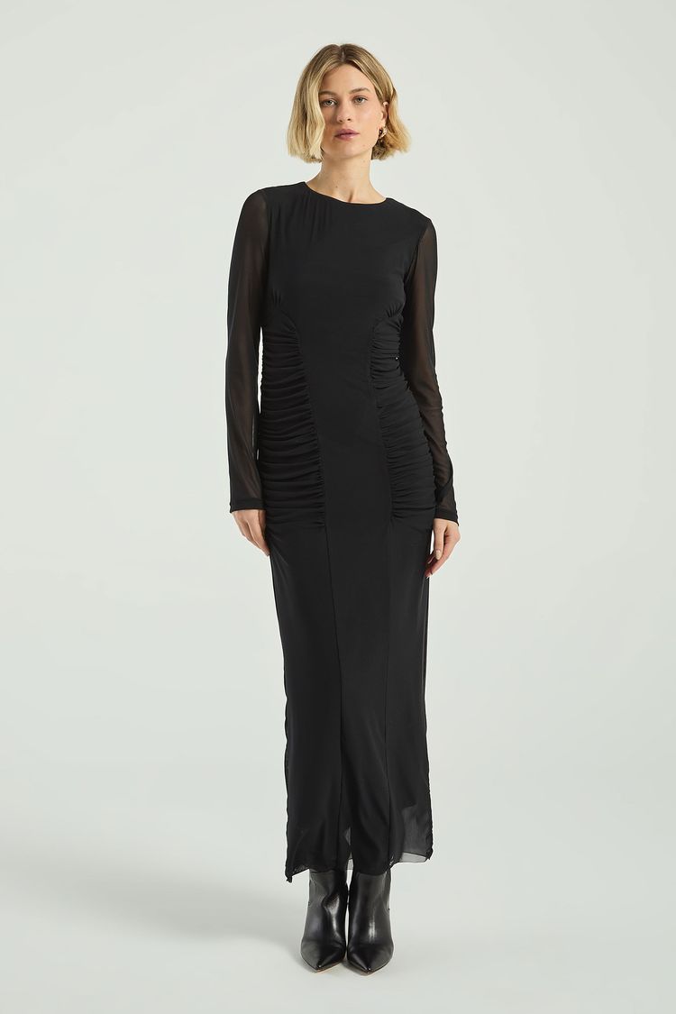 VESTIDO MIDI TULE FRANZIDO-PRETO PP - PRETO - 315306