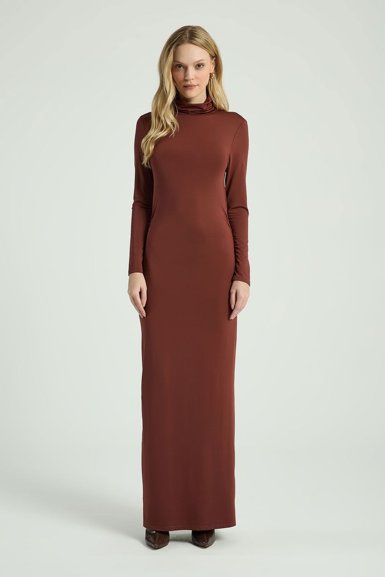 VESTIDO COM GOLA DUPLA E DETALHE NAS COSTAS-MARROM M - MARROM - 315627