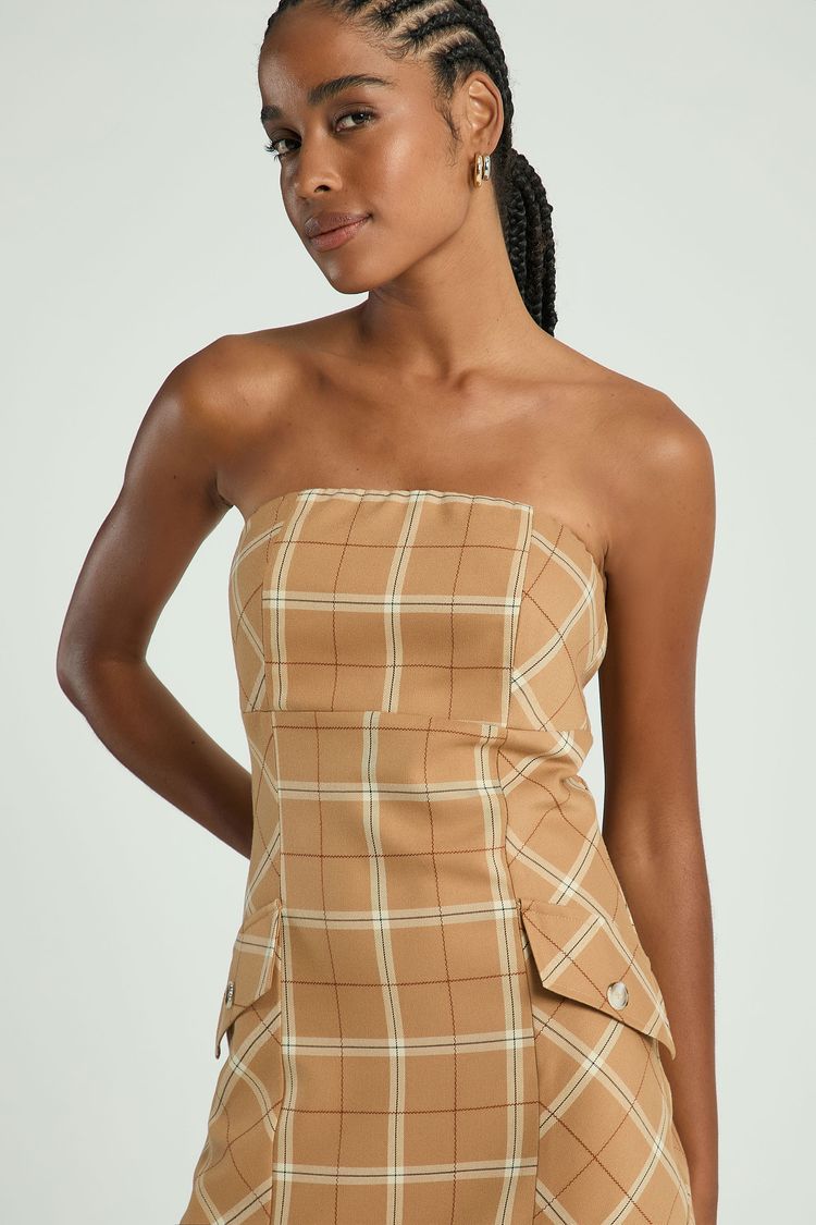 VESTIDO TQC XADREZ-BEGE ESCURO PP - BEGE ESCURO - 315649
