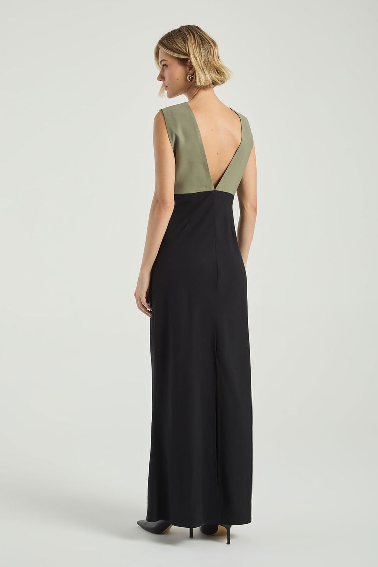 VESTIDO BICOLOR LONGO-CINZA ESVERDEADO / PRETO G - CINZA ESVERDEADO / PRETO - 315757