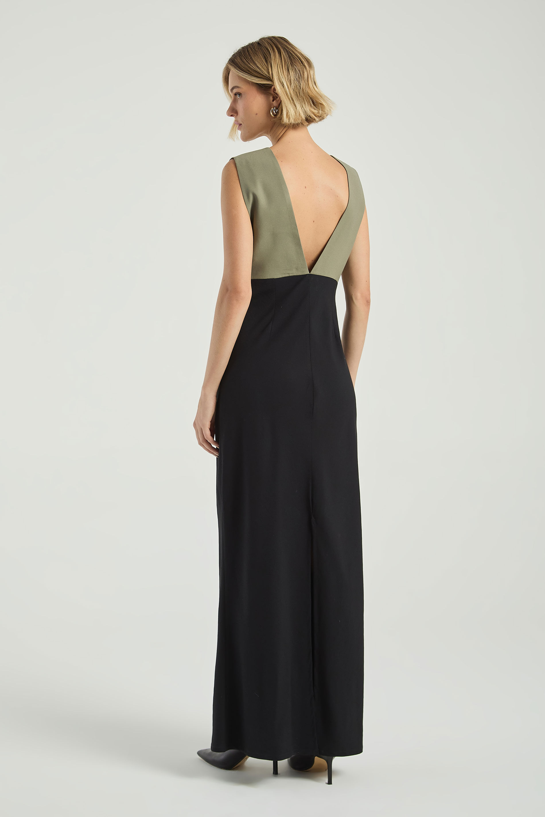 VESTIDO BICOLOR LONGO-CINZA ESVERDEADO / PRETO G - CINZA ESVERDEADO / PRETO - 315757