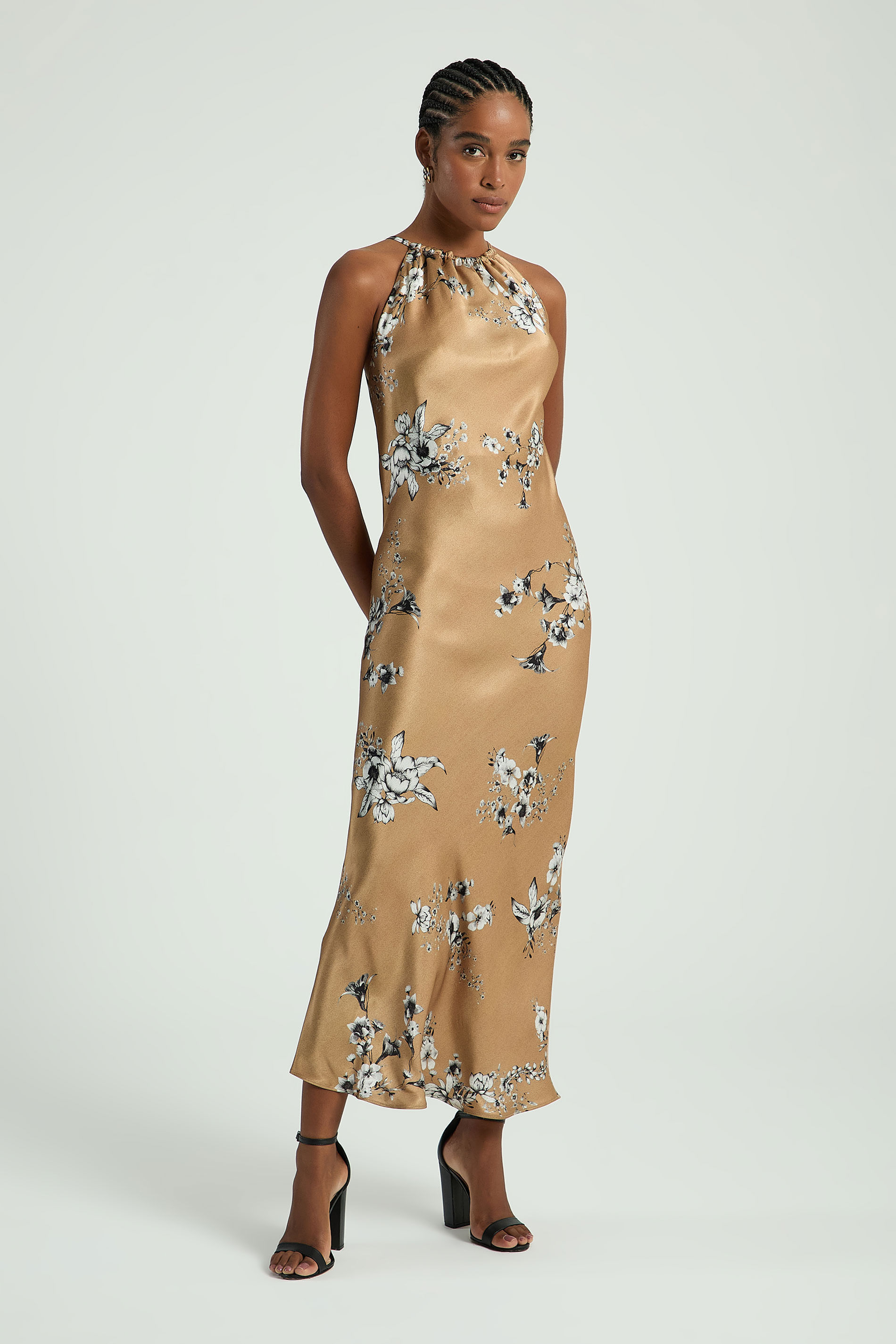 VESTIDO MIDI ESTAMPADO EM CETIM-GRAY PP - GRAY - 315791