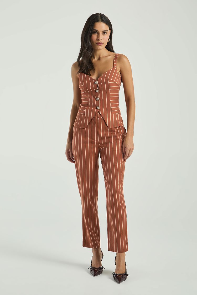 CALÇA CIGARRETE LISTRADA-MARROM CARAMELADO / AVEIA M - MARROM CARAMELADO / AVEIA - 315852
