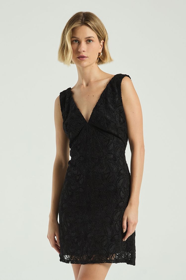 VESTIDO CURTO RENDA-PRETO P - PRETO - 316016