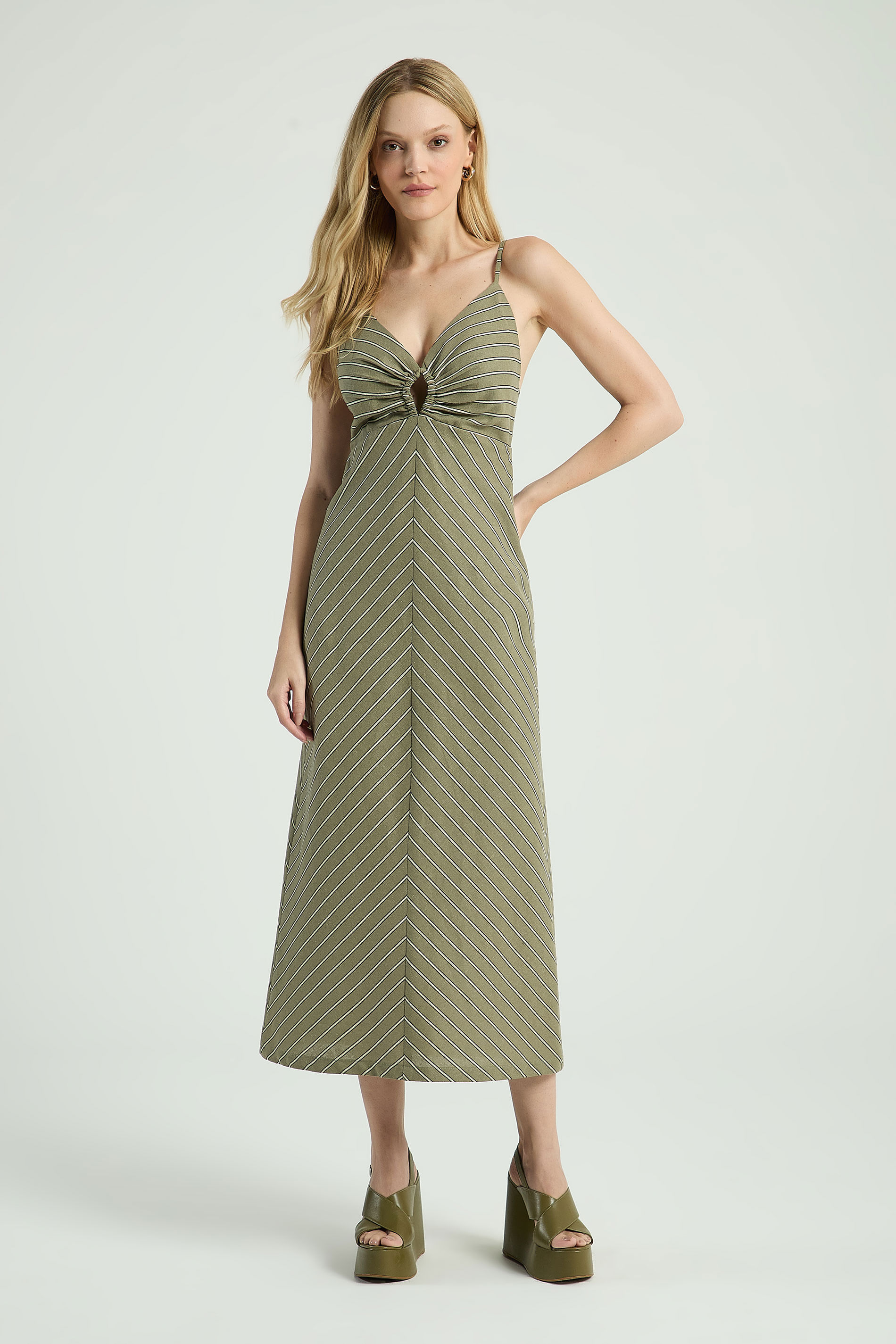 VESTIDO LISTRADO COM FRANZIDO-CINZA ESVERDEADO P - CINZA ESVERDEADO - 316056