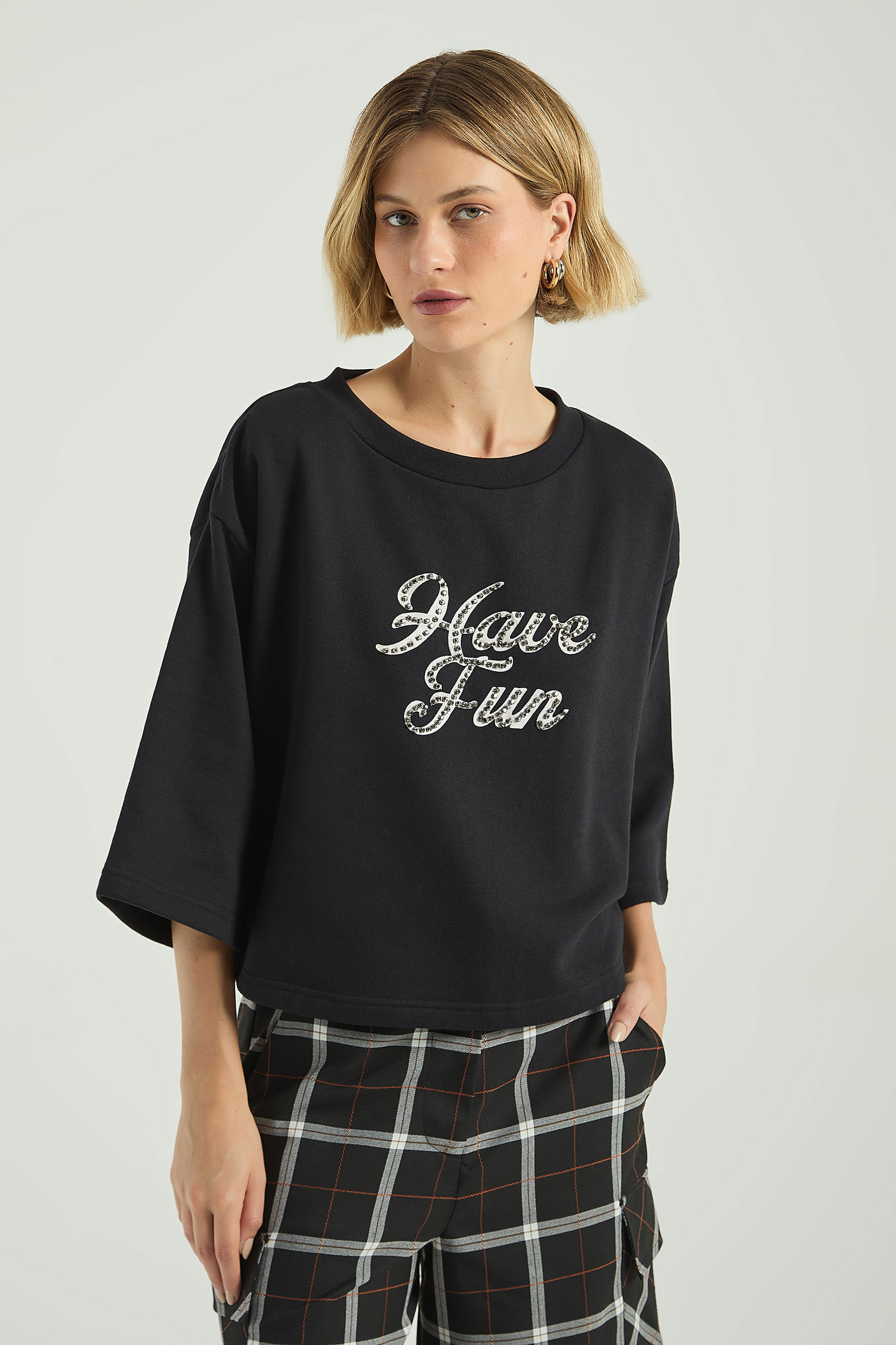 BLUSA MOLETOM 3/4 COM SILK-PRETO G - PRETO - 316137
