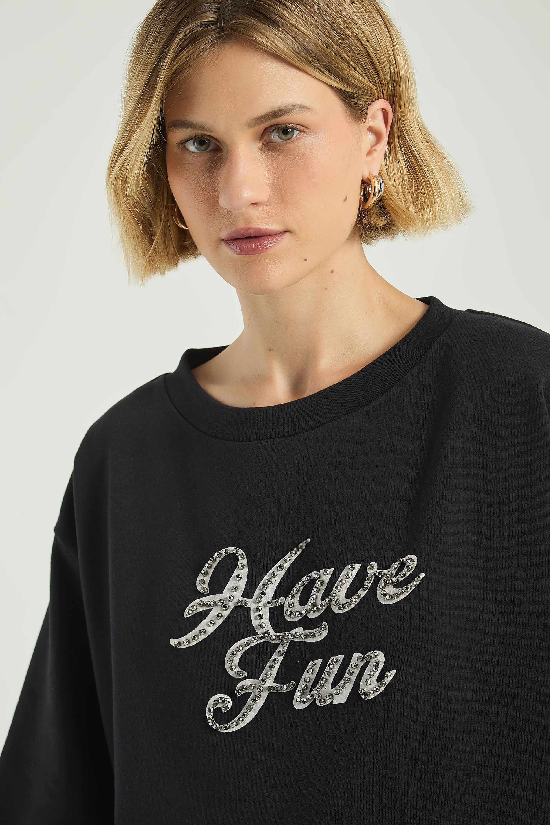 BLUSA MOLETOM 3/4 COM SILK-PRETO G - PRETO - 316139