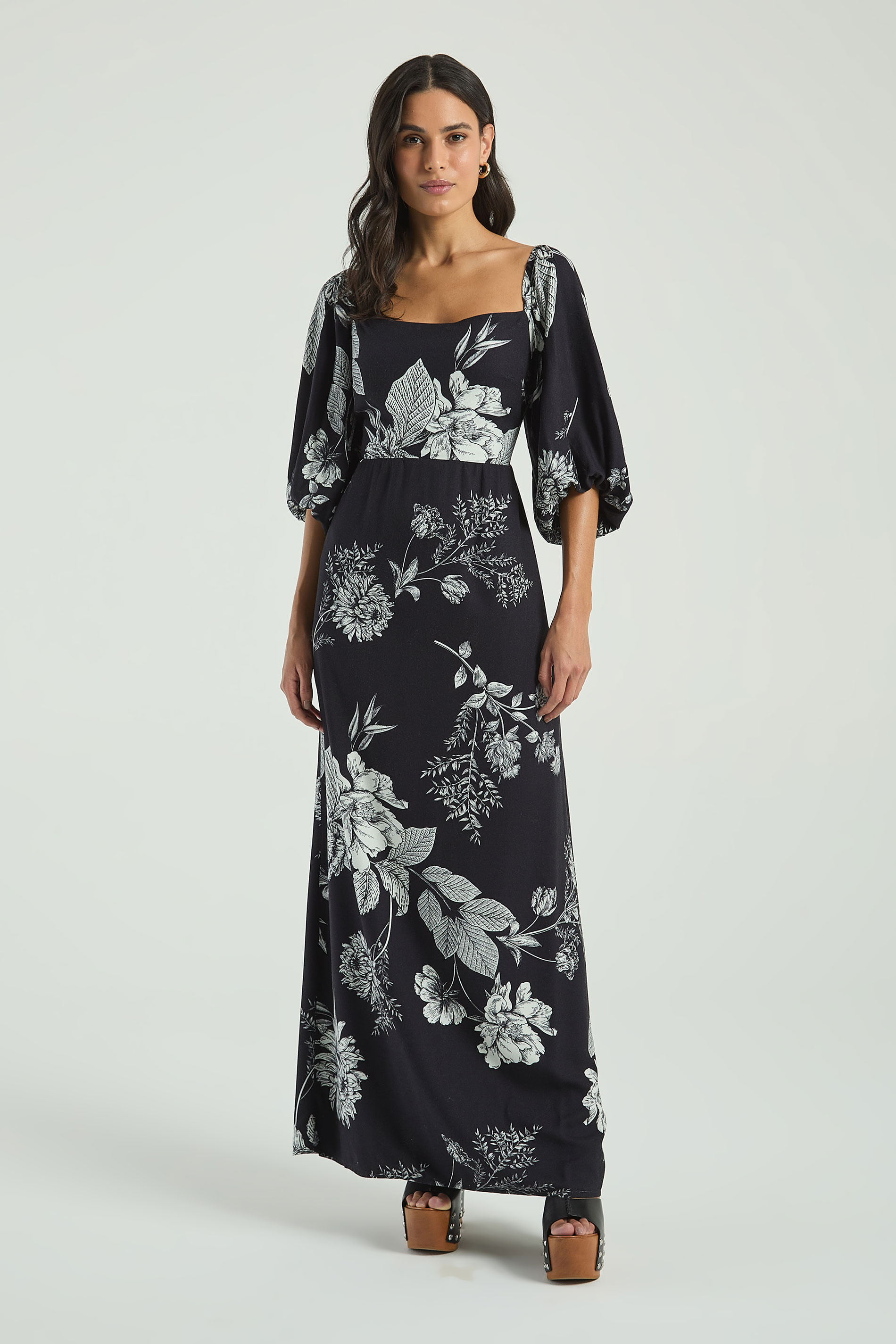 VESTIDO LONGO ESTAMPADO COM MANGAS BUFANTES-EST BELEZA FLORAL PP - EST BELEZA FLORAL - 316590