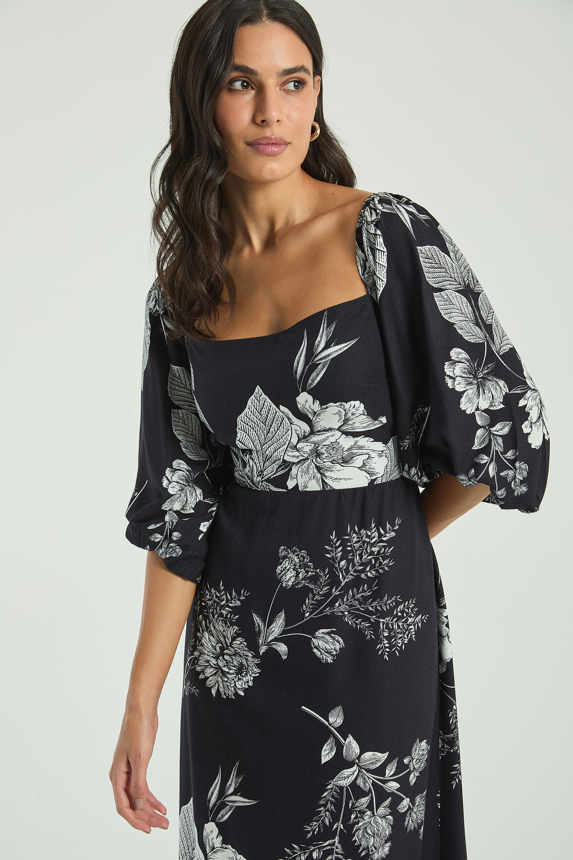 VESTIDO LONGO ESTAMPADO COM MANGAS BUFANTES-EST BELEZA FLORAL PP - EST BELEZA FLORAL - 316592
