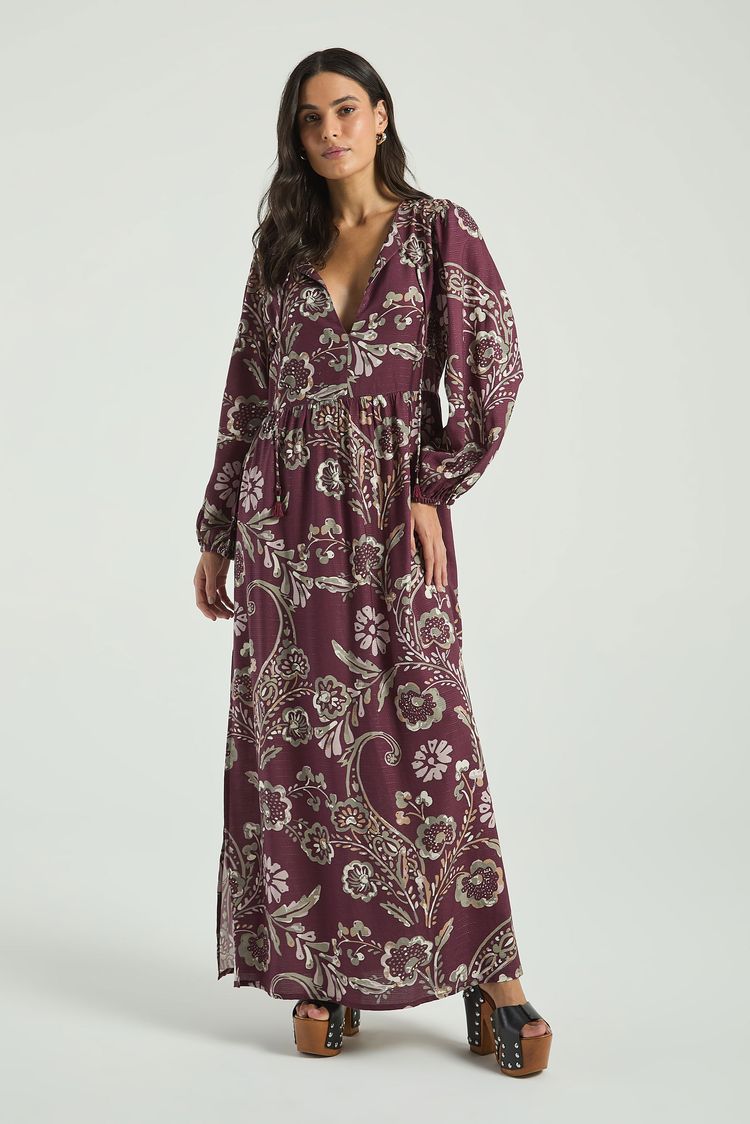 VESTIDO LONGO ESTAMPADO COM DECOTE V-EST CASHMERE PINCELADO P - EST CASHMERE PINCELADO - 316928