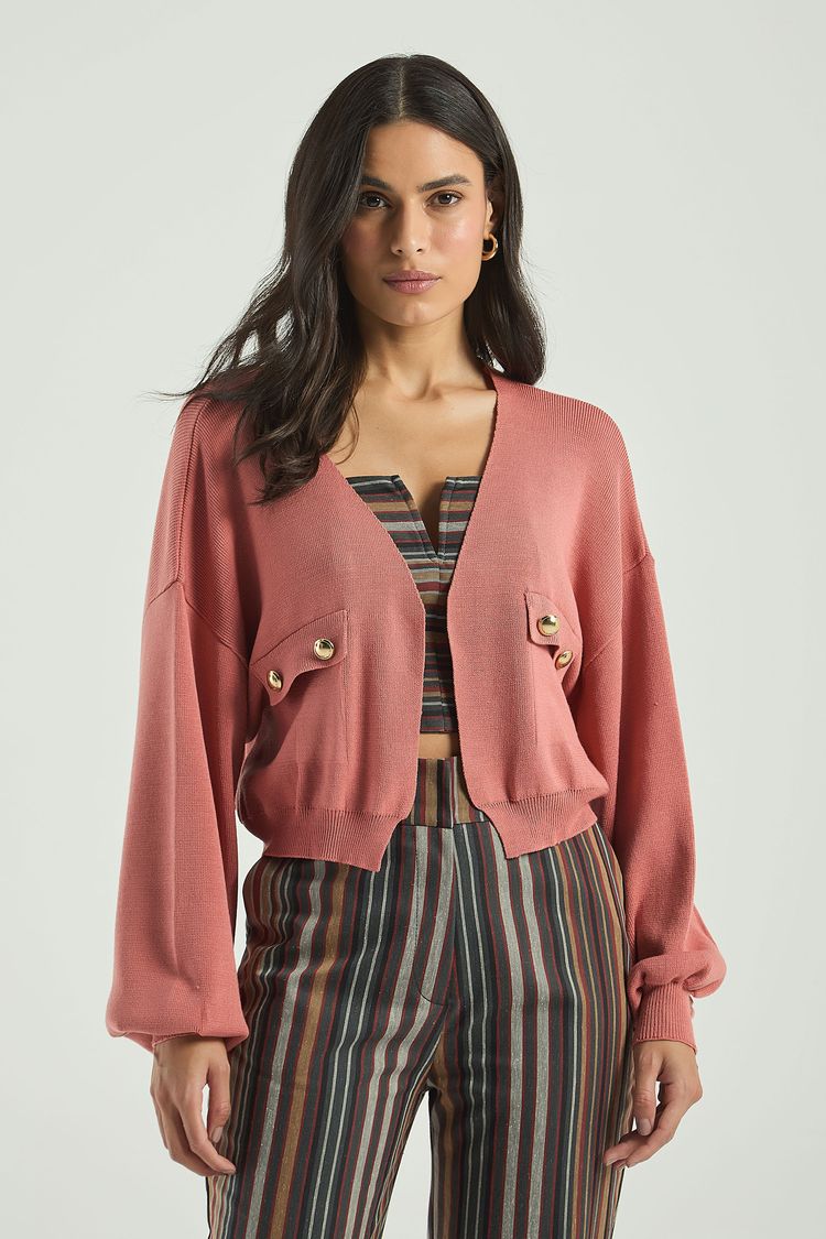 CASACO EM TRICOT COM BOLSOS-ROSE P - ROSE - 317044