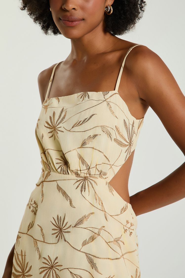 VESTIDO LONGO BORDADO COQUEIROS - AMENDOA P - AMENDOA - 320688