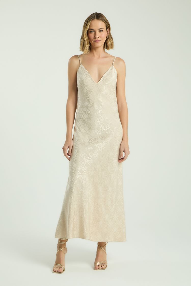 VESTIDO LONGO VISCOSE JACQUARD - DOURADO P - DOURADO - 338624