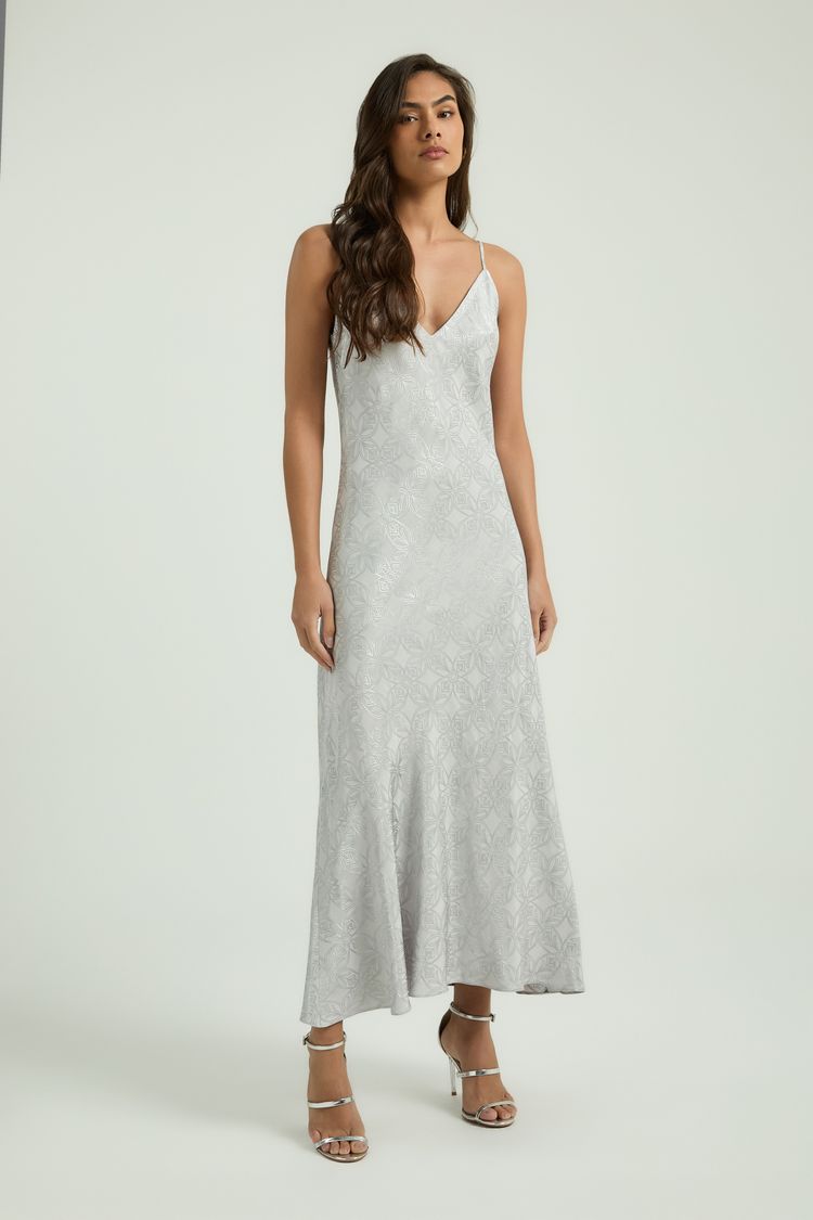 VESTIDO LONGO VISCOSE JACQUARD - PRATA M - PRATA - 346419