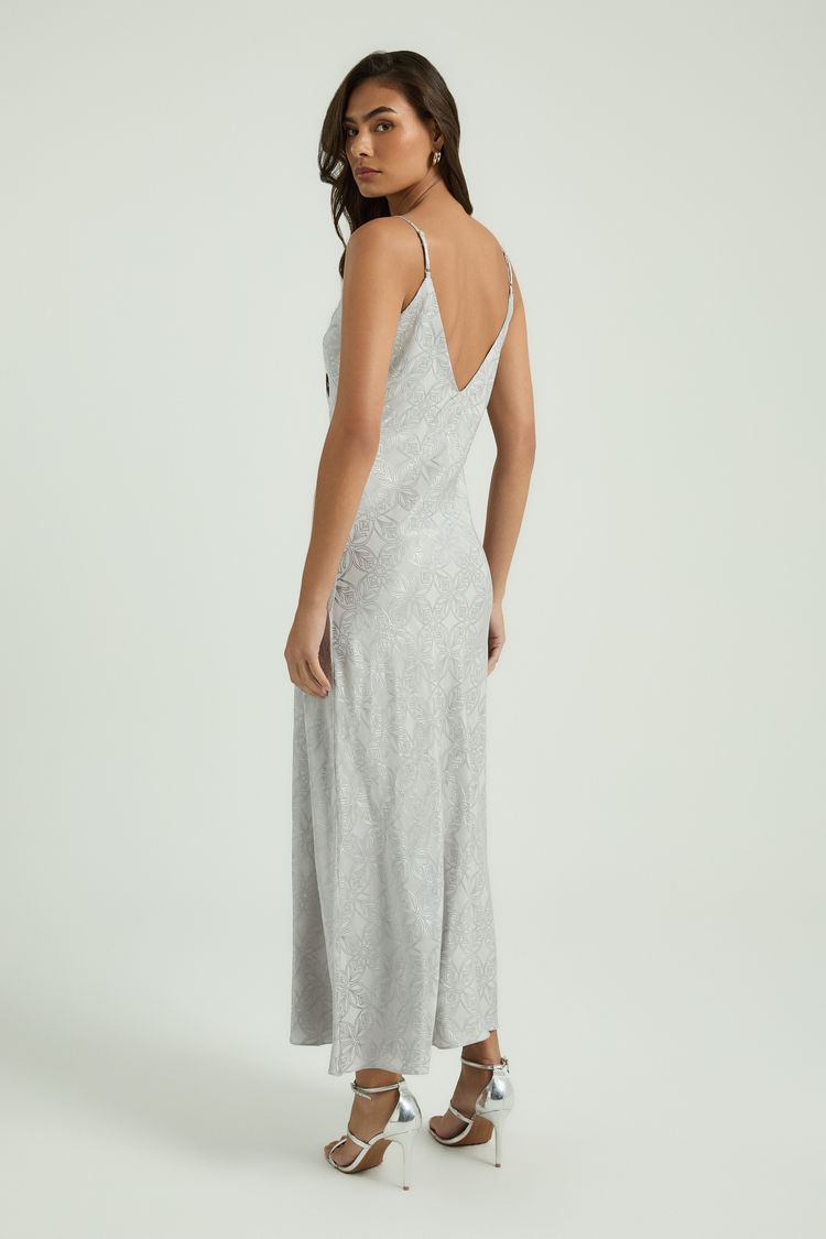 VESTIDO LONGO VISCOSE JACQUARD - PRATA M - PRATA - 346420