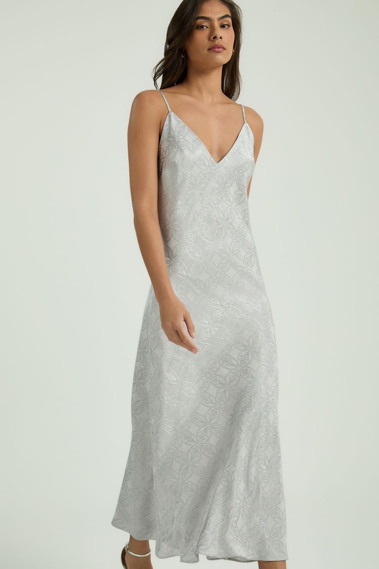 VESTIDO LONGO VISCOSE JACQUARD - PRATA M - PRATA - 346421