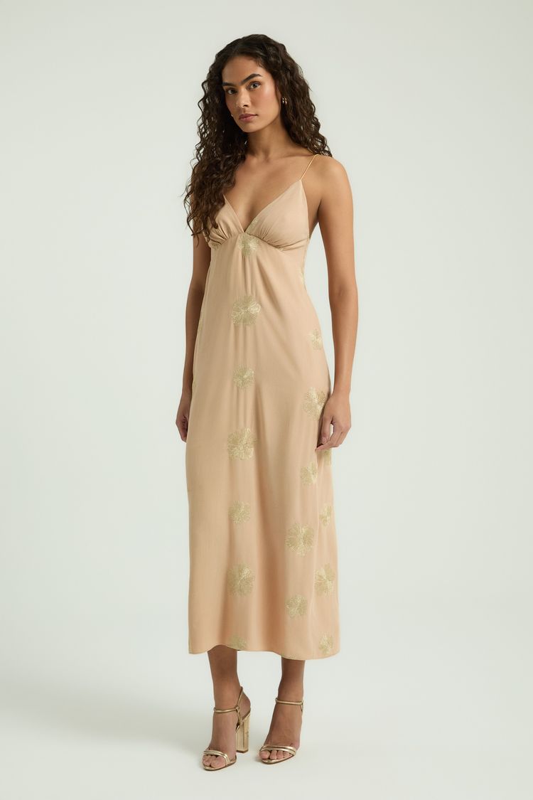 VESTIDO LONGO BORDADO LUREX - DOURADO P - DOURADO - 347927