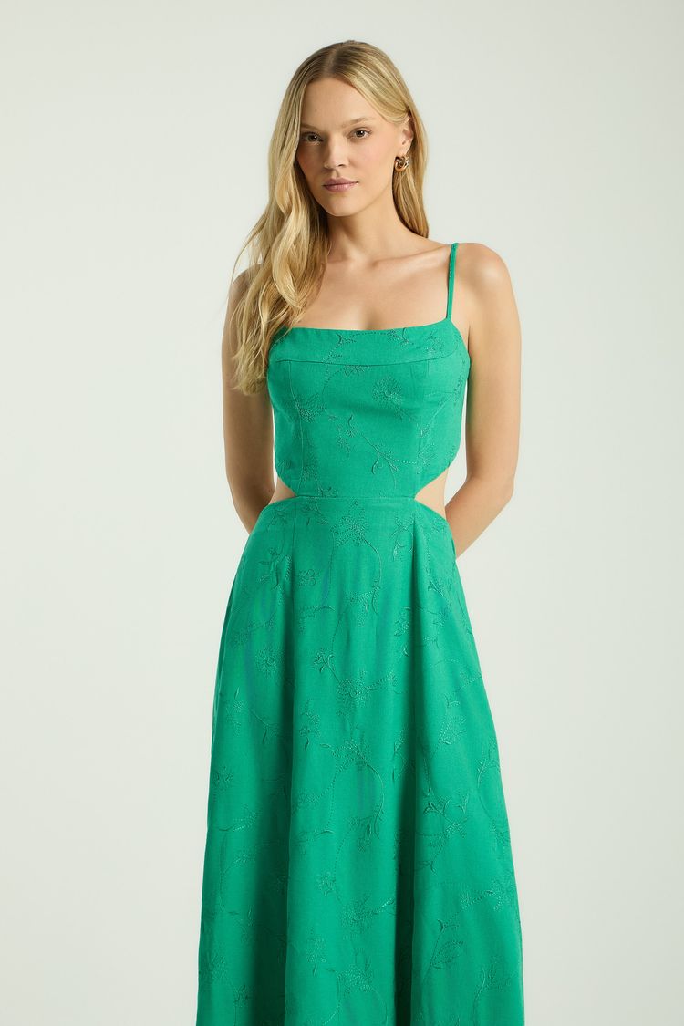 VESTIDO LINHO BORDADO FLORES - FOLHA GG - FOLHA - 349924