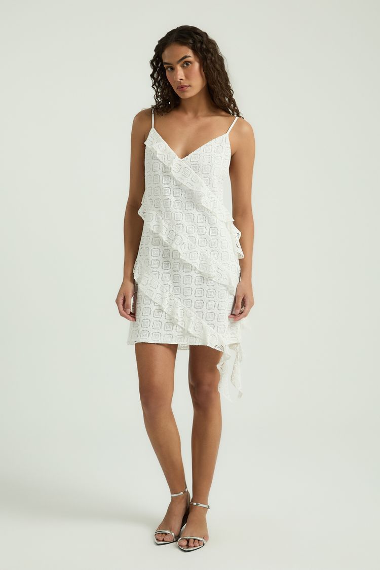 VESTIDO CURTO RENDA BABADOS - BRANCO M - BRANCO - 350043