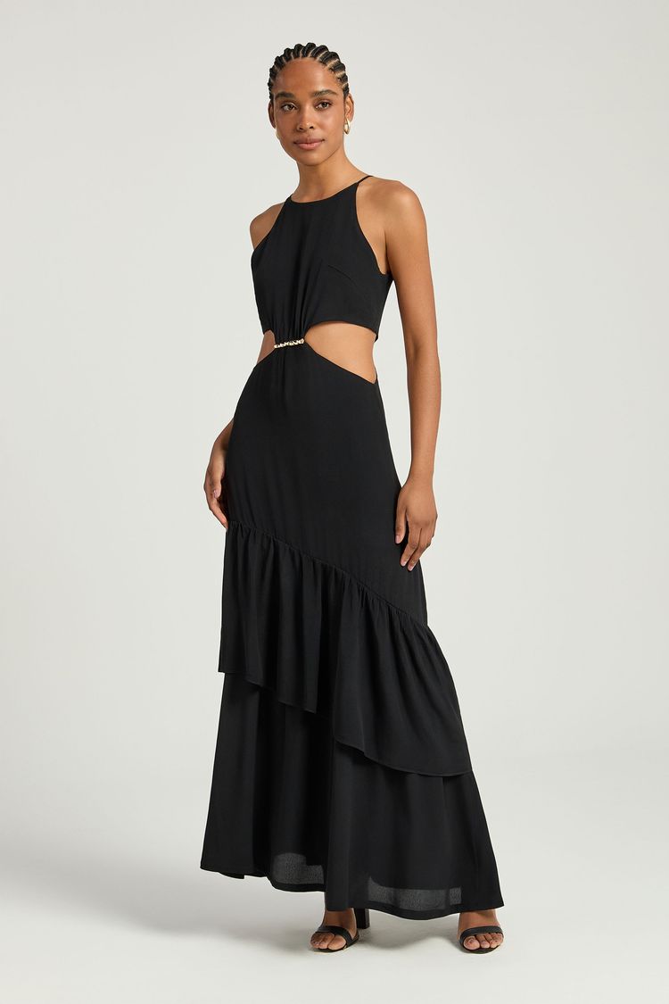 VESTIDO LONGO 2 BABADOS - PRETO P - PRETO - 353402