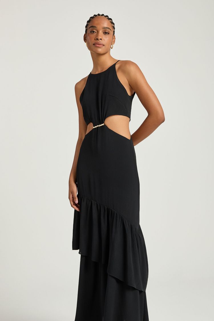 VESTIDO LONGO 2 BABADOS - PRETO P - PRETO - 353404