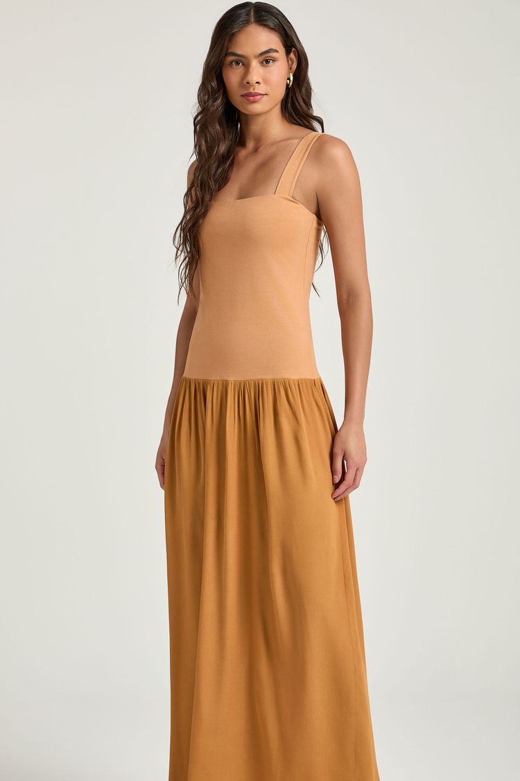 VESTIDO MIX TECIDOS - SANDALO P - SANDALO - 353520